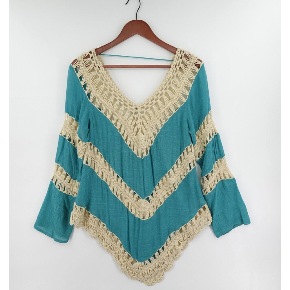 Umgee Crochet Top Tunic Small Blue Turquoise Hollow Out Gauze Trim Boho Resort